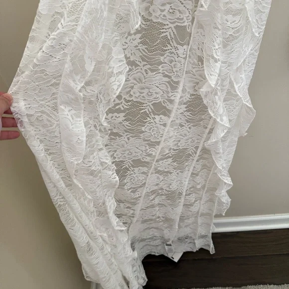 Women’s White Long Sleeve Ruffle Sheer Lace Maxi Dress Top Kimono - Picture 8 of 13